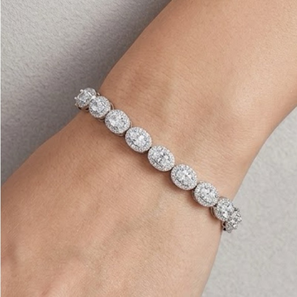 New 7” Moissanite Halo & CZ Center Stones in White Gold Filled/Plated Bracelet.